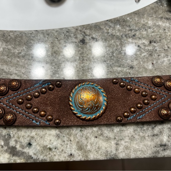 Brown Leather Belt with Turquoise Buckle size large western belt with buckle - Picture 5 of 5